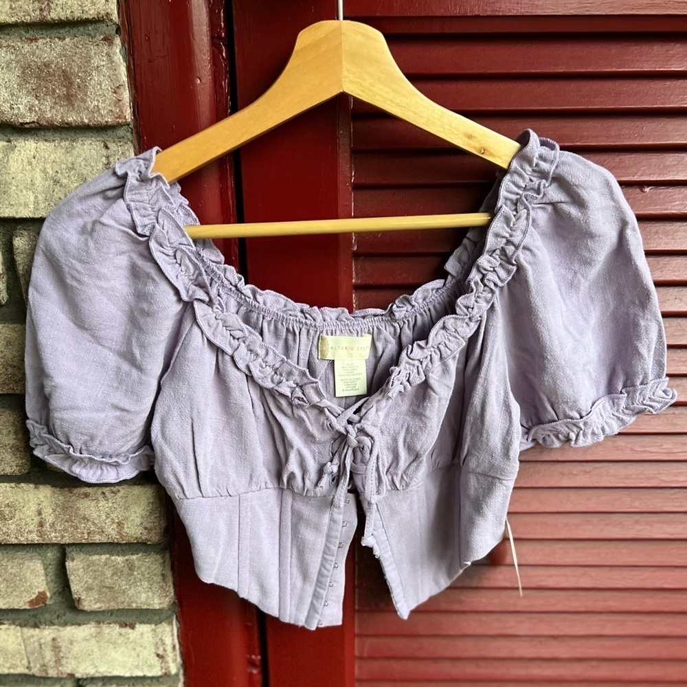 Altar’d State small lily linen fabric ruffle trim puff sleeves corset top - Picture 8 of 10